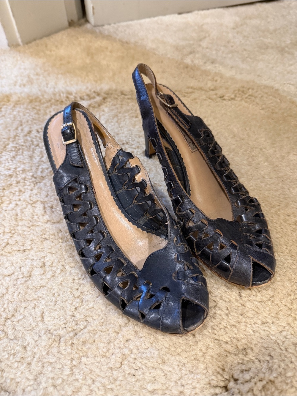 Black Woven Slingback Peep-Toe Heels